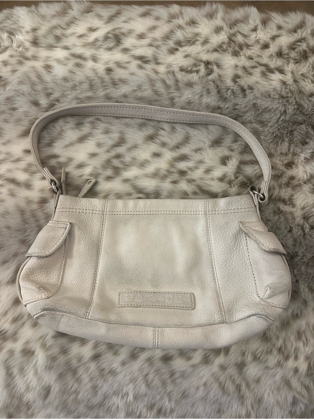 Vintage Fossil Cream Leather Shoulder Bag with Front Pockets